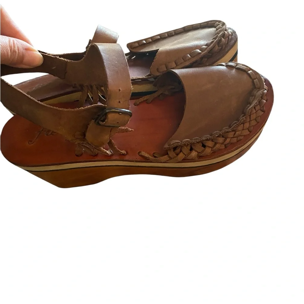 Free People Brown Leather Woven Platform Clog Mules